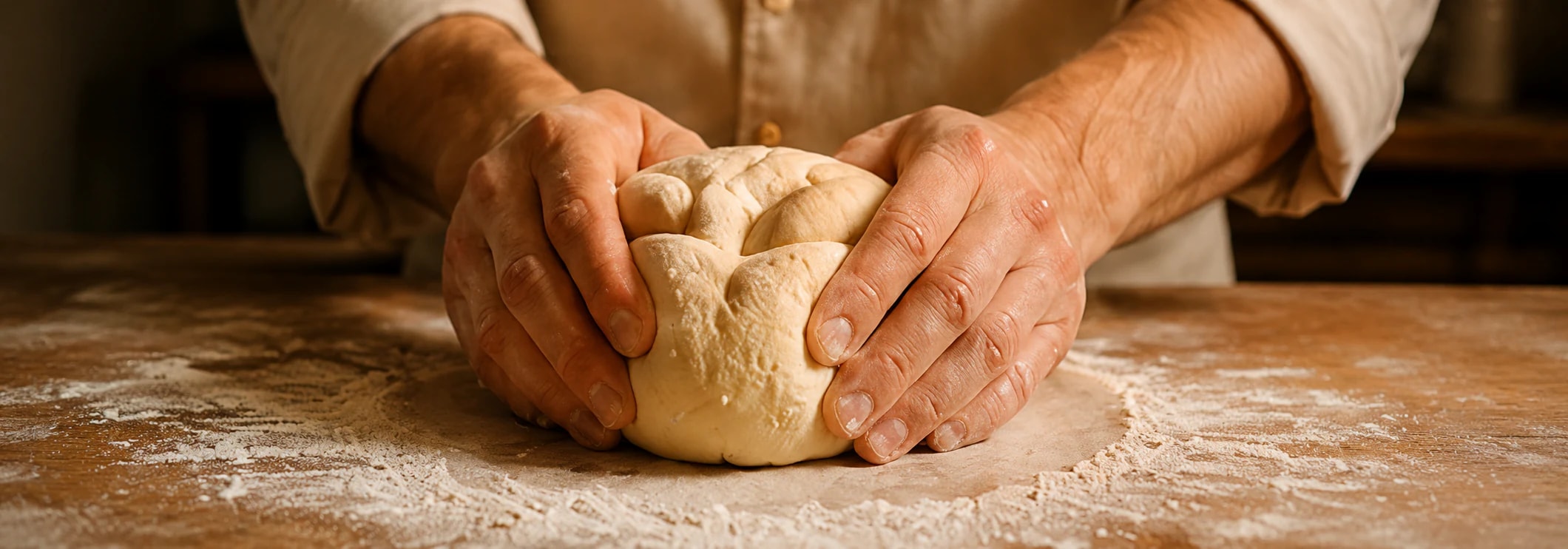 Pastelero amasando a mano sobre una mesa enharinada